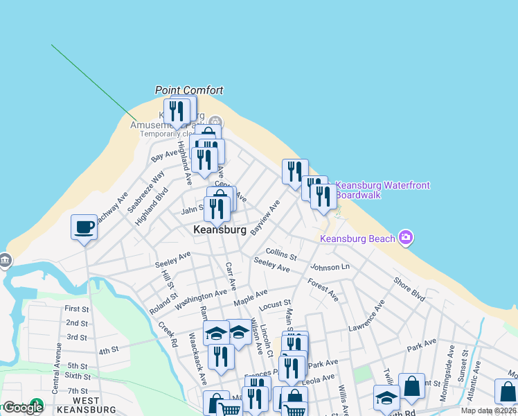 map of restaurants, bars, coffee shops, grocery stores, and more near 33A Bayview Avenue in Keansburg