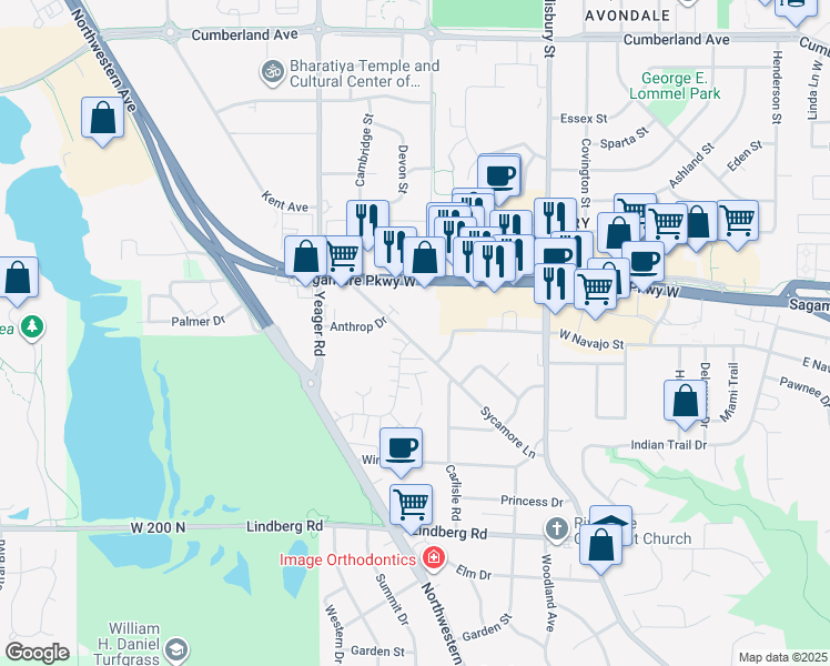 map of restaurants, bars, coffee shops, grocery stores, and more near 2440 Sycamore Lane in West Lafayette