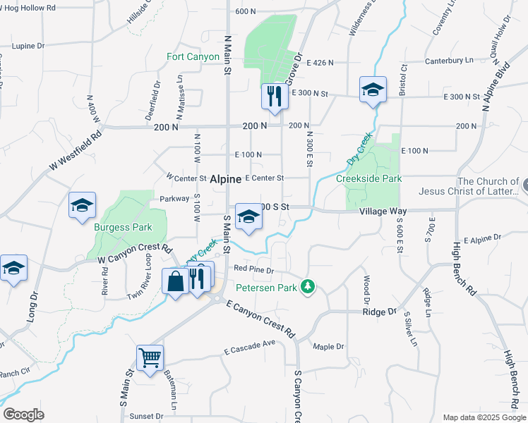map of restaurants, bars, coffee shops, grocery stores, and more near 140 East 100 South in Alpine