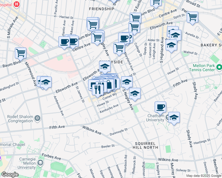 map of restaurants, bars, coffee shops, grocery stores, and more near 5601 Walnut Street in Pittsburgh