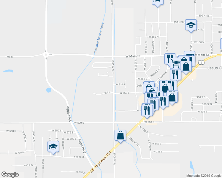 map of restaurants, bars, coffee shops, grocery stores, and more near 1477 West 210 South in Vernal