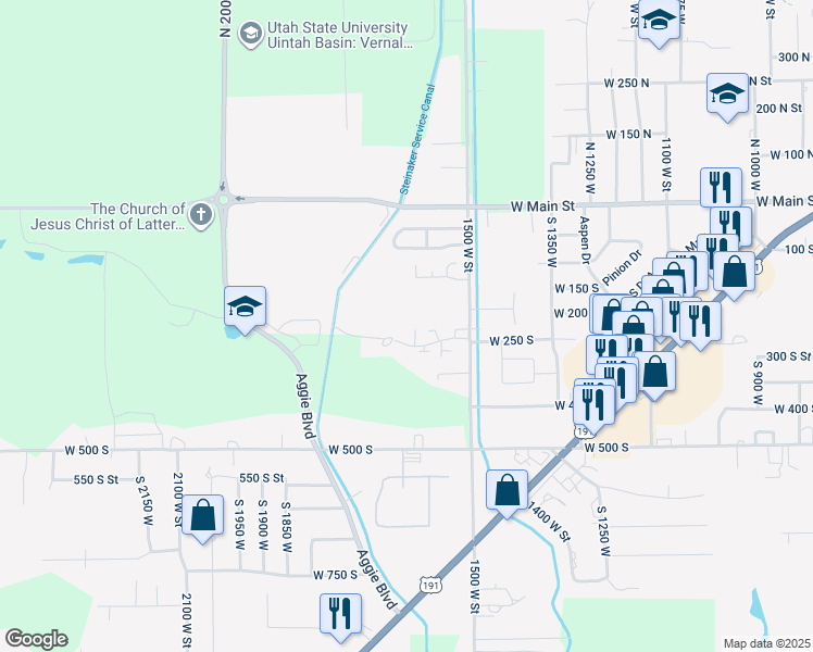 map of restaurants, bars, coffee shops, grocery stores, and more near 1658 300 South in Vernal