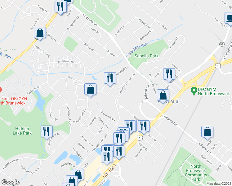 map of restaurants, bars, coffee shops, grocery stores, and more near 15 Towne Center Drive in North Brunswick Township