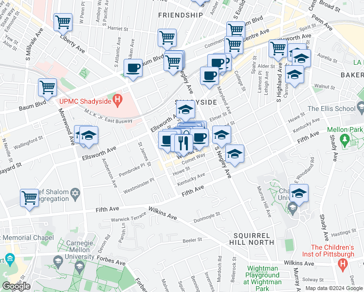 map of restaurants, bars, coffee shops, grocery stores, and more near 722 Filbert Street in Pittsburgh