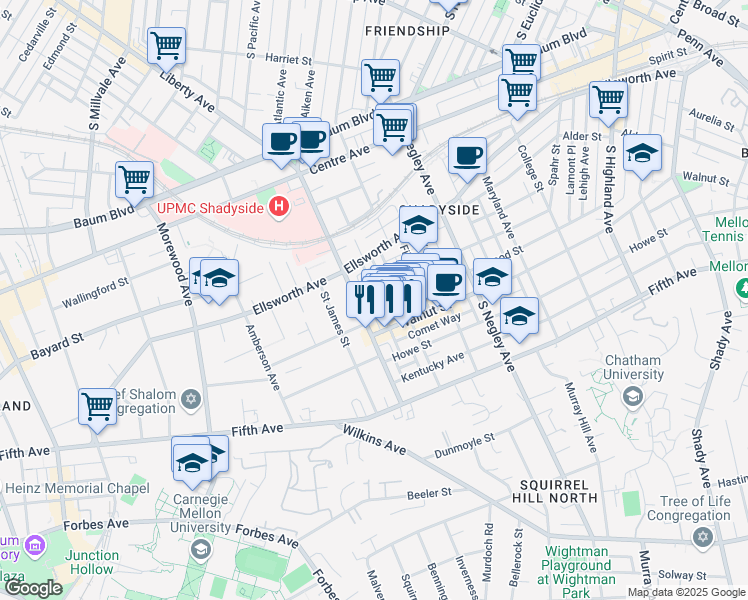 map of restaurants, bars, coffee shops, grocery stores, and more near 705 Copeland Street in Pittsburgh