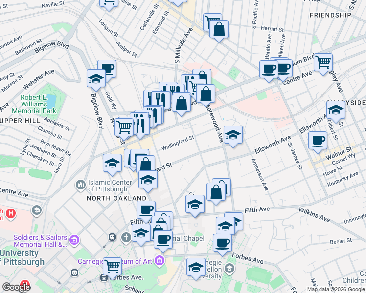 map of restaurants, bars, coffee shops, grocery stores, and more near 4754 Wallingford Street in Pittsburgh