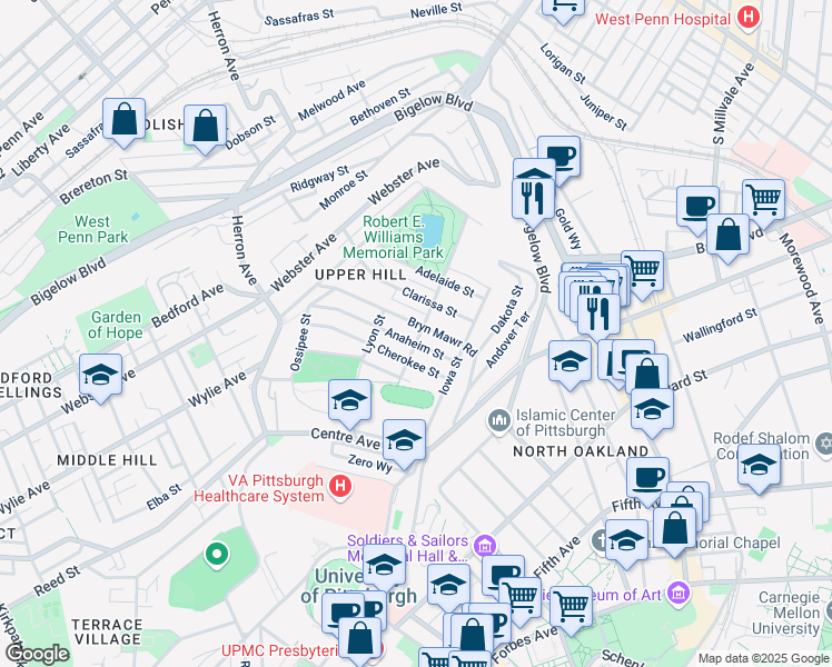 map of restaurants, bars, coffee shops, grocery stores, and more near in Pittsburgh