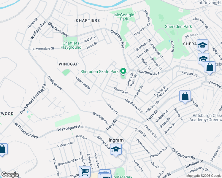 map of restaurants, bars, coffee shops, grocery stores, and more near 3263 Faronia Street in Pittsburgh