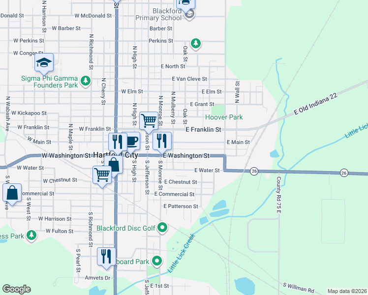 map of restaurants, bars, coffee shops, grocery stores, and more near 414 East Main Street in Hartford City