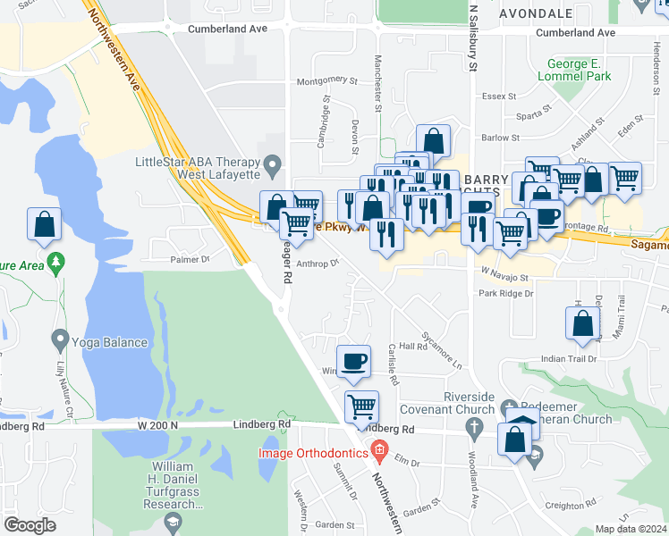 map of restaurants, bars, coffee shops, grocery stores, and more near in West Lafayette