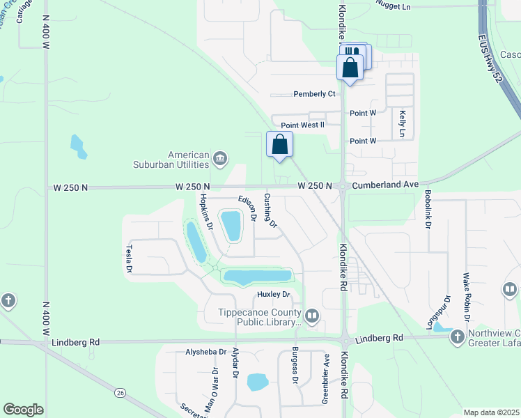 map of restaurants, bars, coffee shops, grocery stores, and more near 2437 Edison Drive in West Lafayette