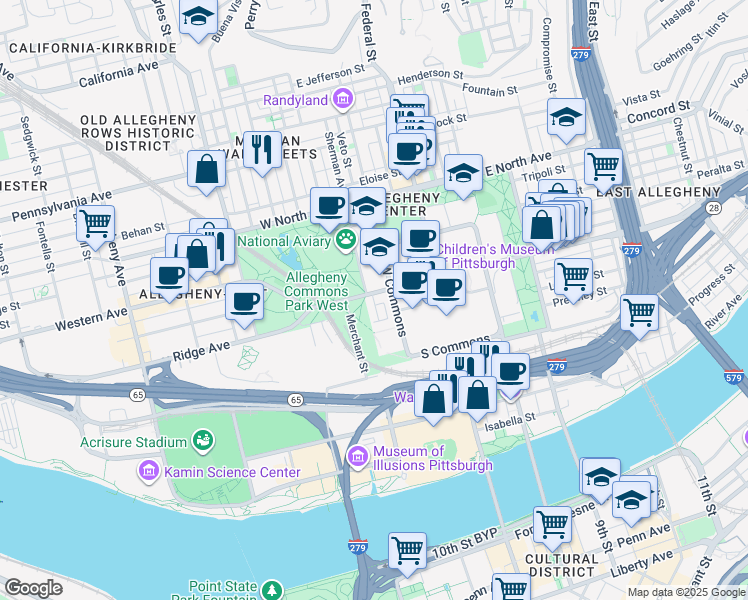 map of restaurants, bars, coffee shops, grocery stores, and more near 43 Foster Square in Pittsburgh