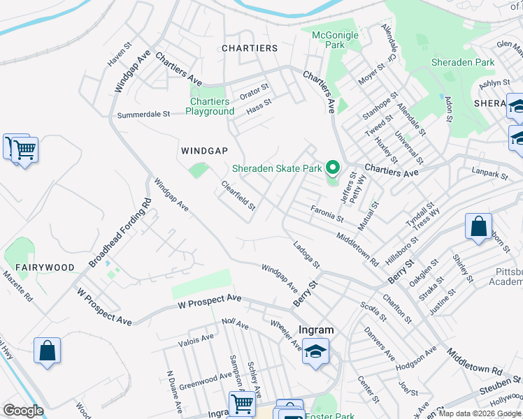 map of restaurants, bars, coffee shops, grocery stores, and more near 3408 Clearfield Street in Pittsburgh