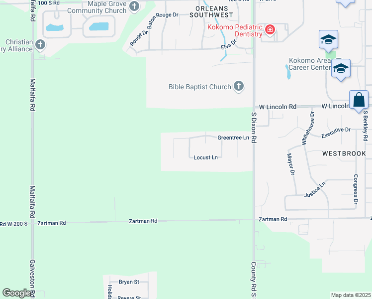 map of restaurants, bars, coffee shops, grocery stores, and more near 2809 Locust Court West in Kokomo