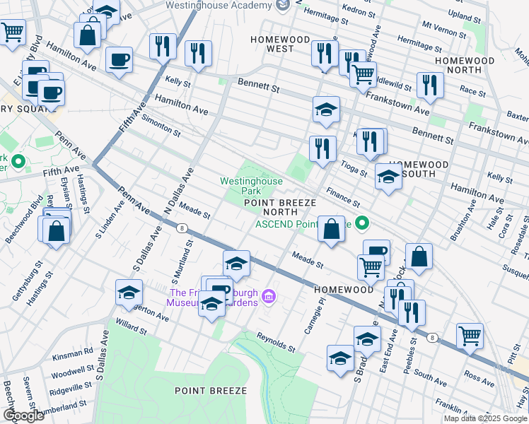 map of restaurants, bars, coffee shops, grocery stores, and more near 302 North Lang Avenue in Pittsburgh