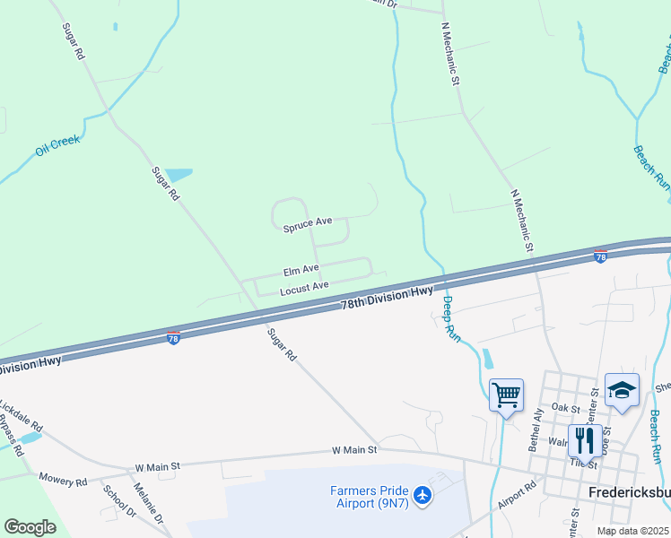 map of restaurants, bars, coffee shops, grocery stores, and more near 100 Elm Avenue in Fredericksburg