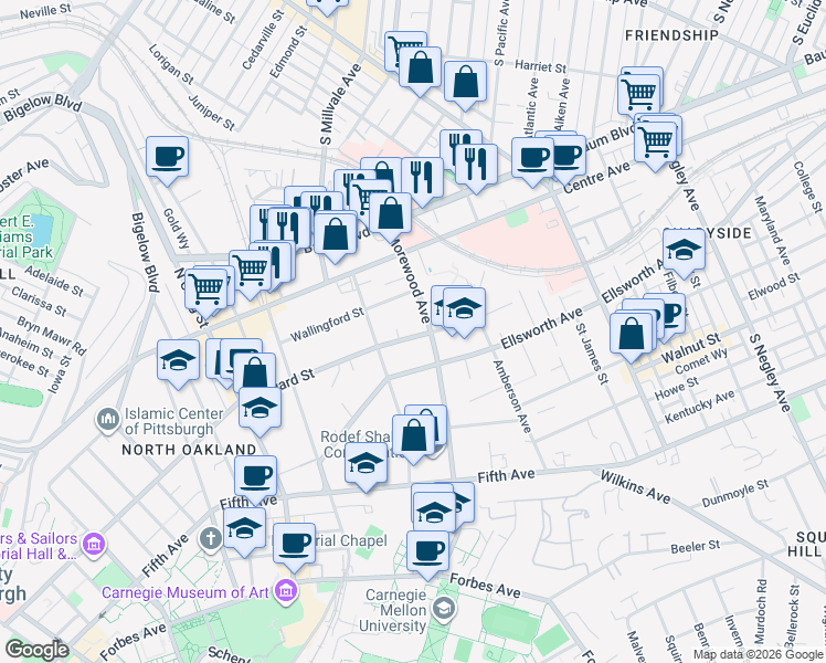 map of restaurants, bars, coffee shops, grocery stores, and more near 4939 Bayard Street in Pittsburgh