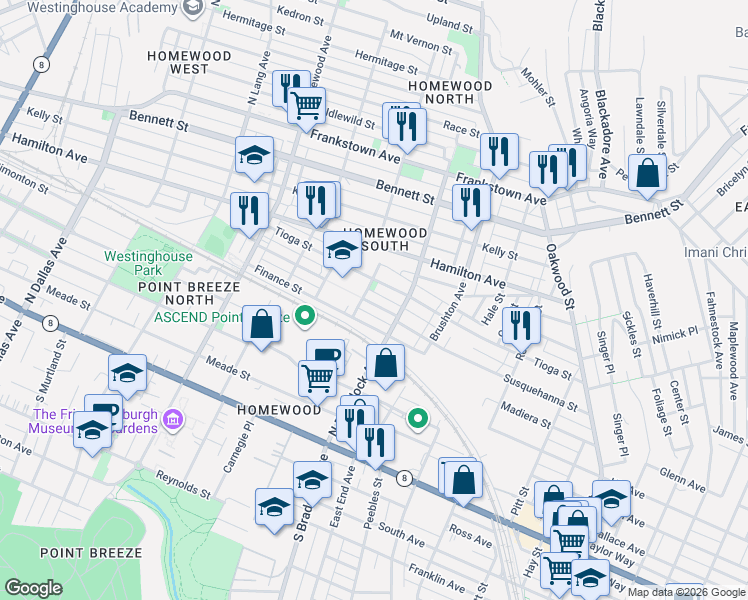 map of restaurants, bars, coffee shops, grocery stores, and more near 7511 Susquehanna Street in Pittsburgh