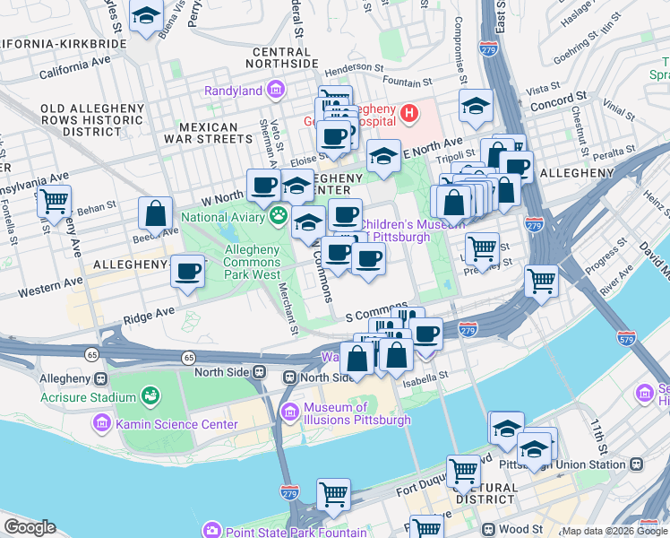 map of restaurants, bars, coffee shops, grocery stores, and more near 10 Allegheny Square East in Pittsburgh