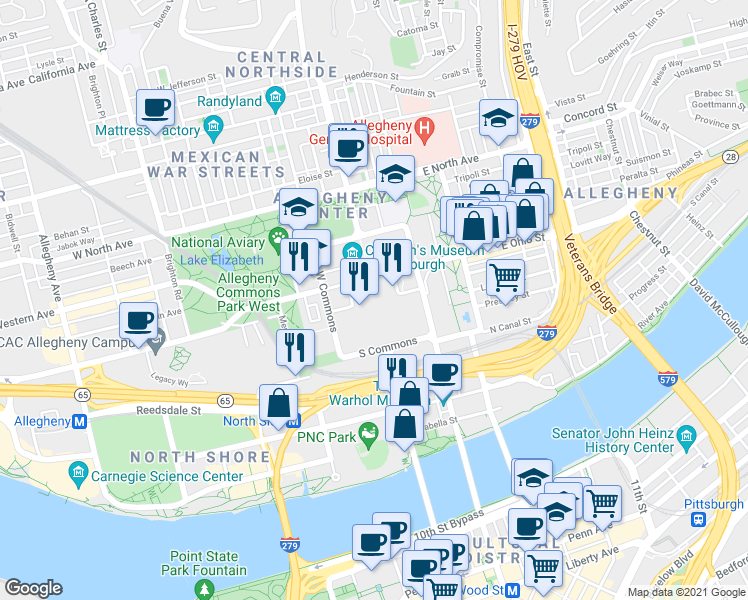 map of restaurants, bars, coffee shops, grocery stores, and more near 1 Allegheny Square East in Pittsburgh