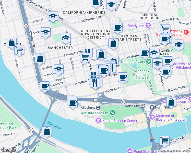 map of restaurants, bars, coffee shops, grocery stores, and more near 971 Beech Avenue in Pittsburgh