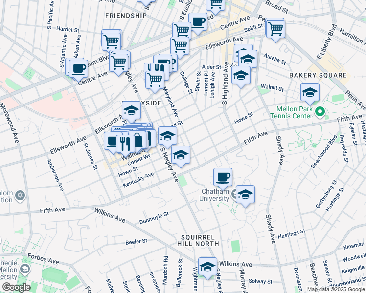 map of restaurants, bars, coffee shops, grocery stores, and more near 5747 Howe Street in Pittsburgh