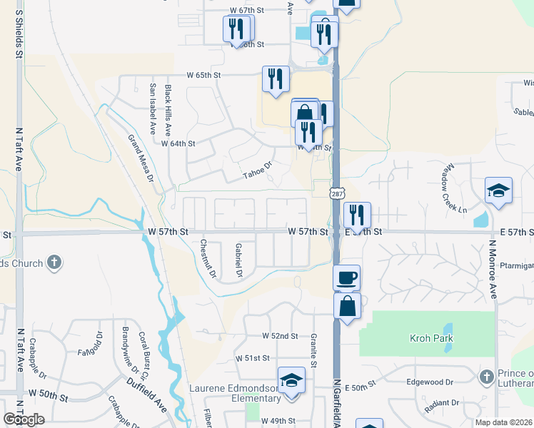 map of restaurants, bars, coffee shops, grocery stores, and more near West Apple Drive in Loveland