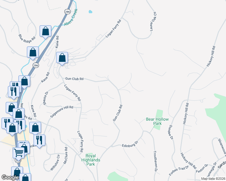 map of restaurants, bars, coffee shops, grocery stores, and more near 4026 Gun Club Road in Murrysville
