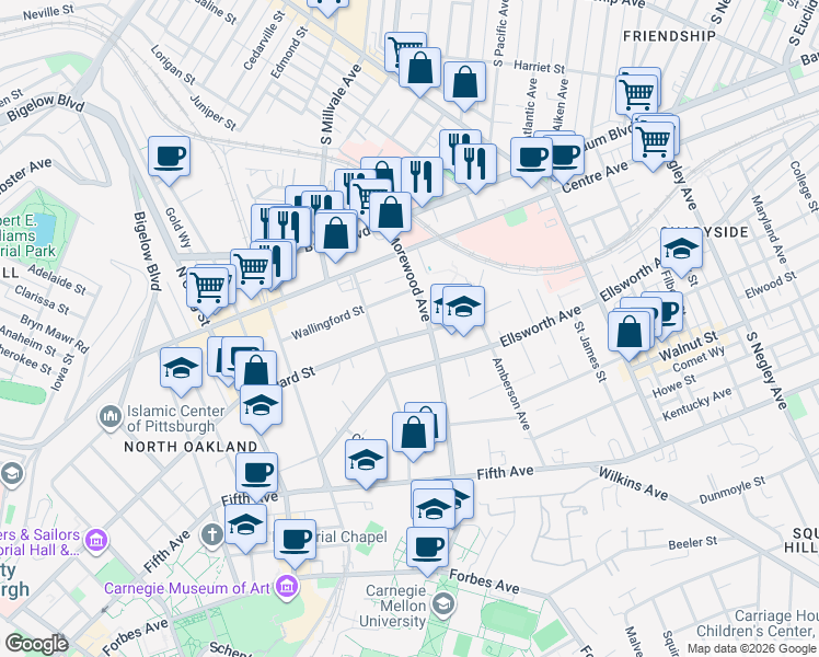 map of restaurants, bars, coffee shops, grocery stores, and more near 4939 Bayard Street in Pittsburgh