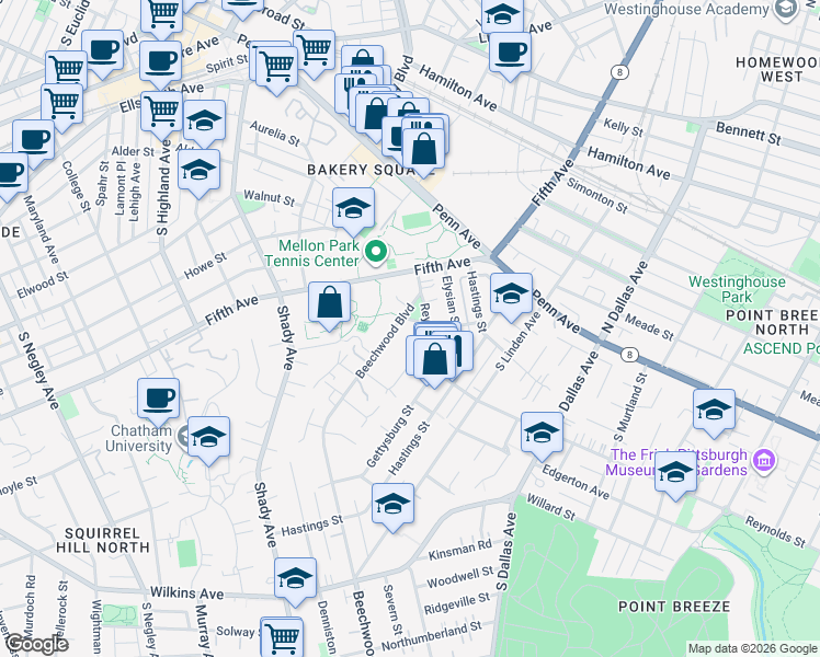 map of restaurants, bars, coffee shops, grocery stores, and more near 6564 Lyndhurst Green in Pittsburgh