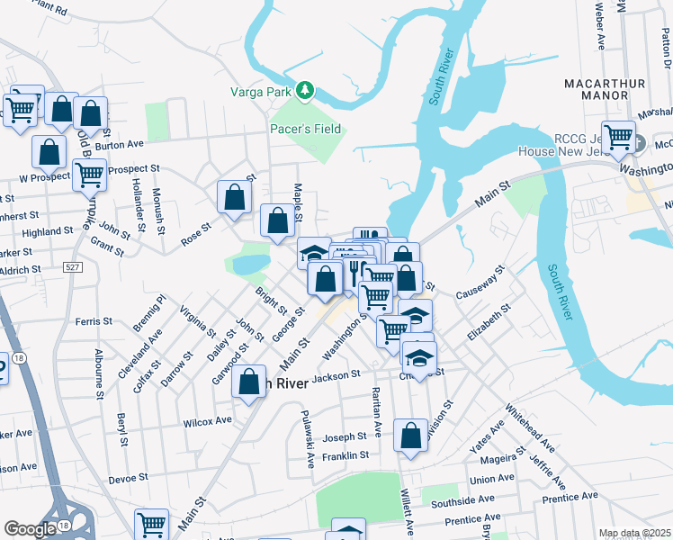 map of restaurants, bars, coffee shops, grocery stores, and more near 19 George Street in South River