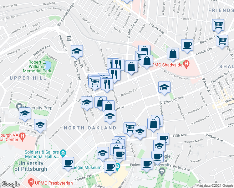 map of restaurants, bars, coffee shops, grocery stores, and more near 4719 Wallingford Street in Pittsburgh