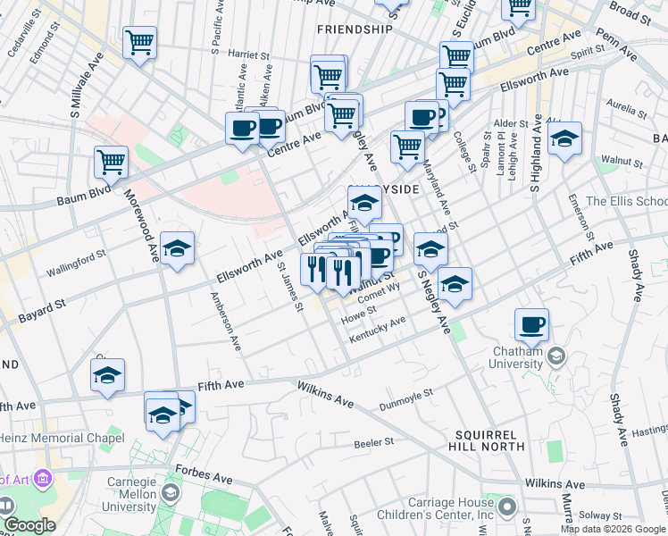 map of restaurants, bars, coffee shops, grocery stores, and more near 709 Copeland Street in Pittsburgh