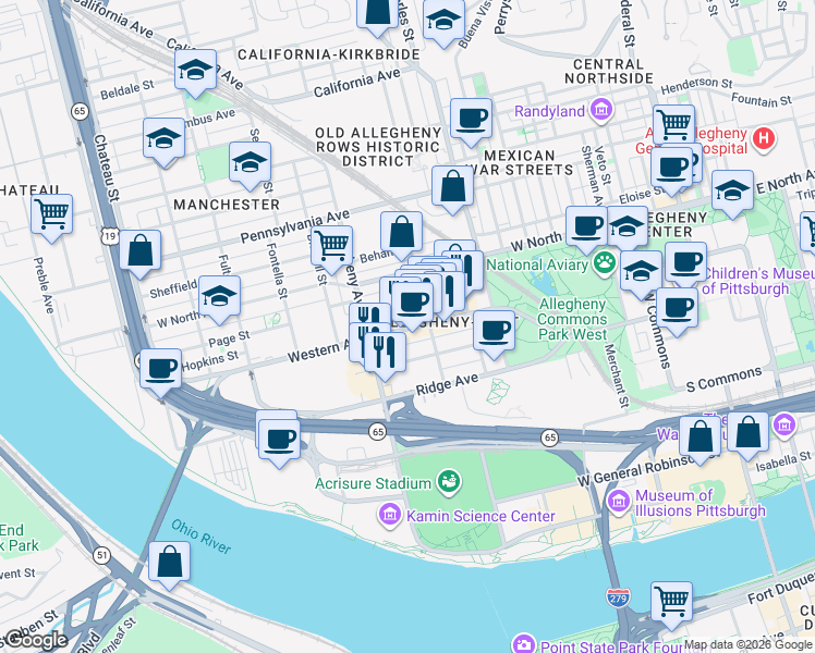map of restaurants, bars, coffee shops, grocery stores, and more near 920 Western Avenue in Pittsburgh