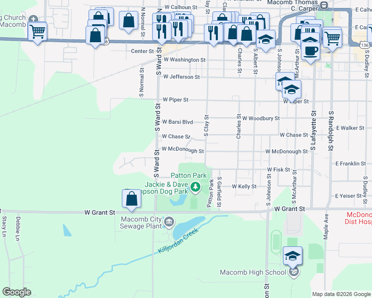 map of restaurants, bars, coffee shops, grocery stores, and more near 798 W McDonough St in Macomb