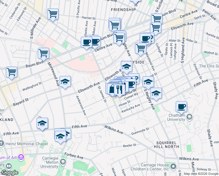 map of restaurants, bars, coffee shops, grocery stores, and more near 624 South Aiken Avenue in Pittsburgh