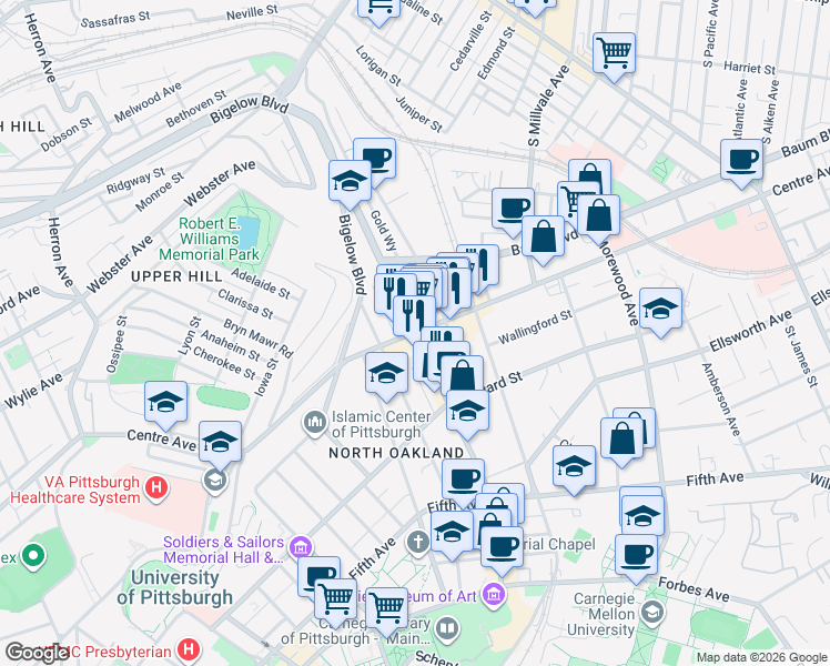 map of restaurants, bars, coffee shops, grocery stores, and more near North Craig Street in Pittsburgh