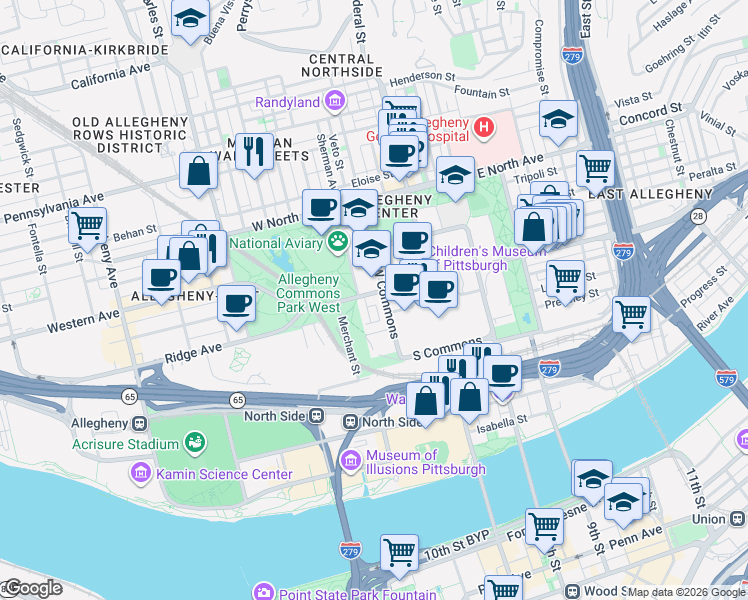 map of restaurants, bars, coffee shops, grocery stores, and more near 43 Foster Square in Pittsburgh