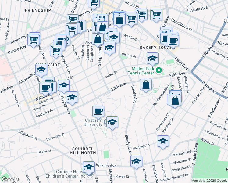 map of restaurants, bars, coffee shops, grocery stores, and more near 144 North Woodland Road in Pittsburgh