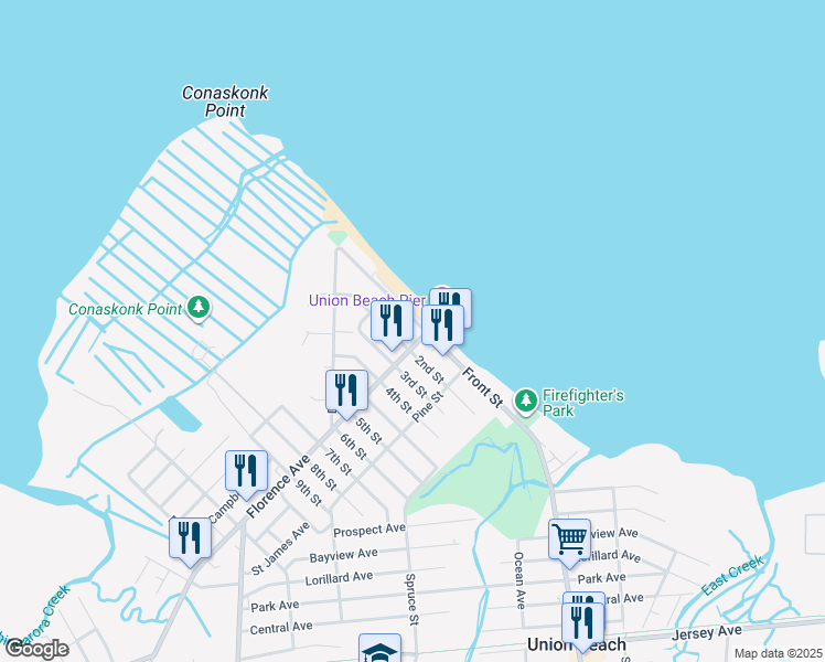 map of restaurants, bars, coffee shops, grocery stores, and more near 434 Front Street in Union Beach