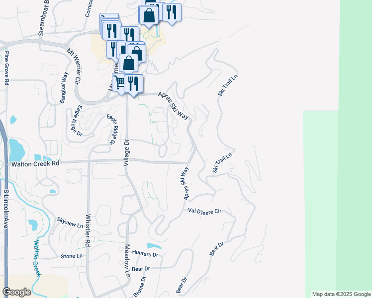 map of restaurants, bars, coffee shops, grocery stores, and more near 2617 Apres Ski Way in Steamboat Springs