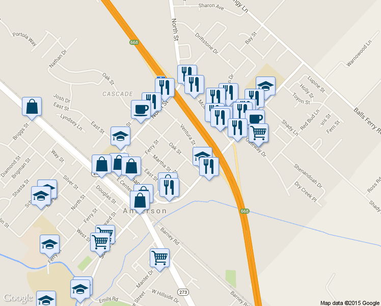 map of restaurants, bars, coffee shops, grocery stores, and more near 2775 Ventura Street in Anderson