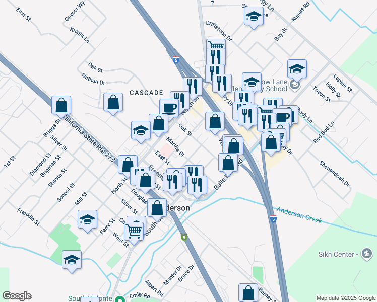 map of restaurants, bars, coffee shops, grocery stores, and more near 2225 Ferry Street in Anderson