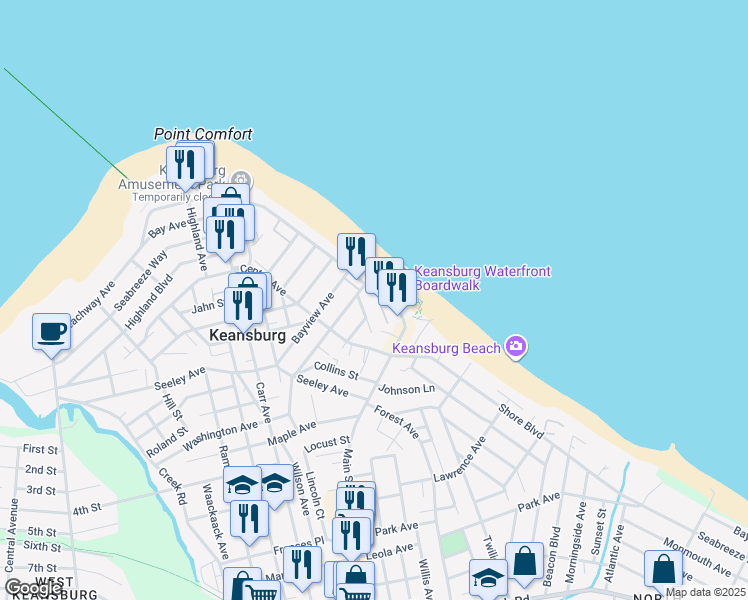 map of restaurants, bars, coffee shops, grocery stores, and more near 1 Beachway Avenue in Keansburg