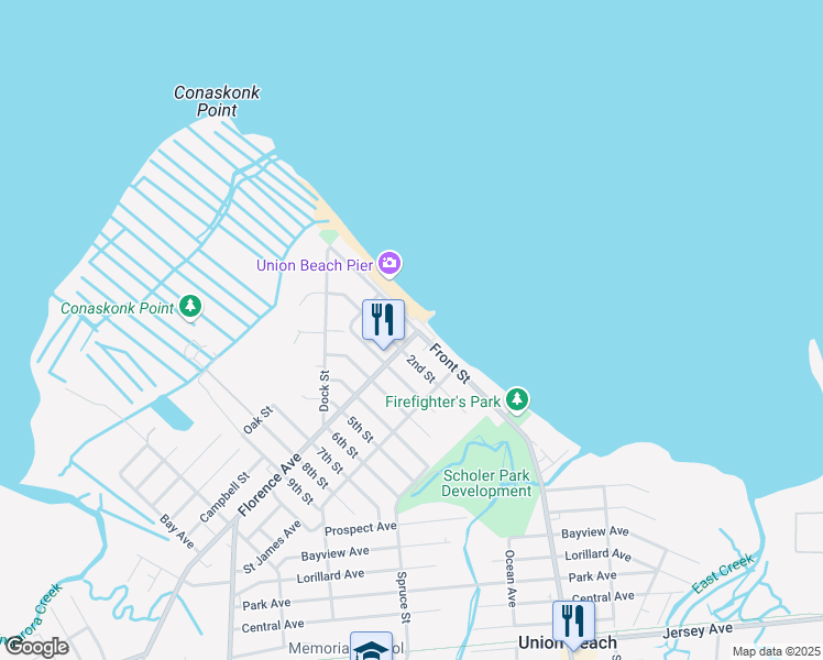 map of restaurants, bars, coffee shops, grocery stores, and more near 434 Front Street in Union Beach
