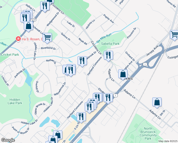 map of restaurants, bars, coffee shops, grocery stores, and more near 15 Towne Center Drive in North Brunswick Township