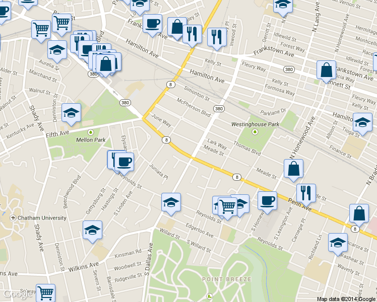 map of restaurants, bars, coffee shops, grocery stores, and more near 103 North Dallas Avenue in Pittsburgh