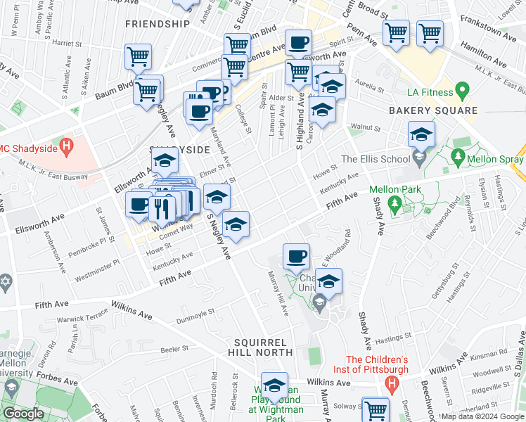 map of restaurants, bars, coffee shops, grocery stores, and more near 5812 Howe Street in Pittsburgh