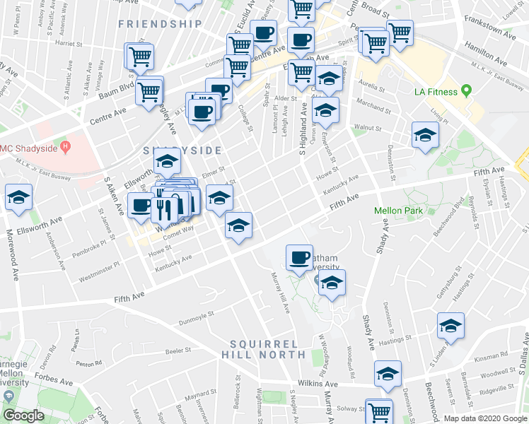 map of restaurants, bars, coffee shops, grocery stores, and more near 5812 Howe Street in Pittsburgh