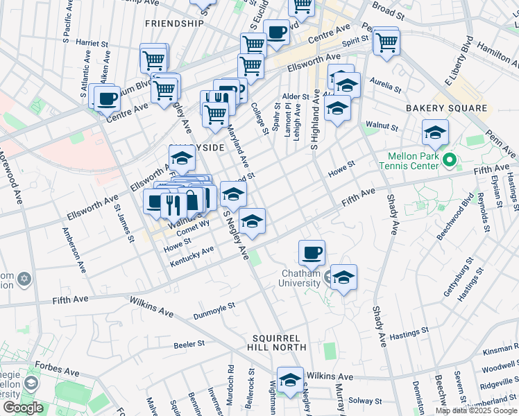 map of restaurants, bars, coffee shops, grocery stores, and more near 5747 Howe Street in Pittsburgh